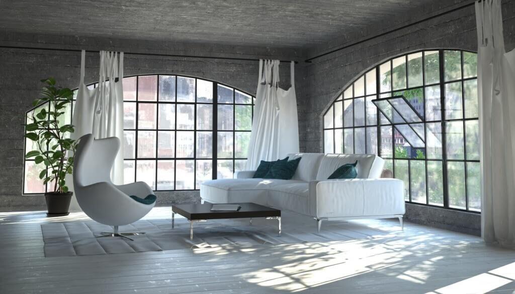 soggiorno con ampie finestre ad arco